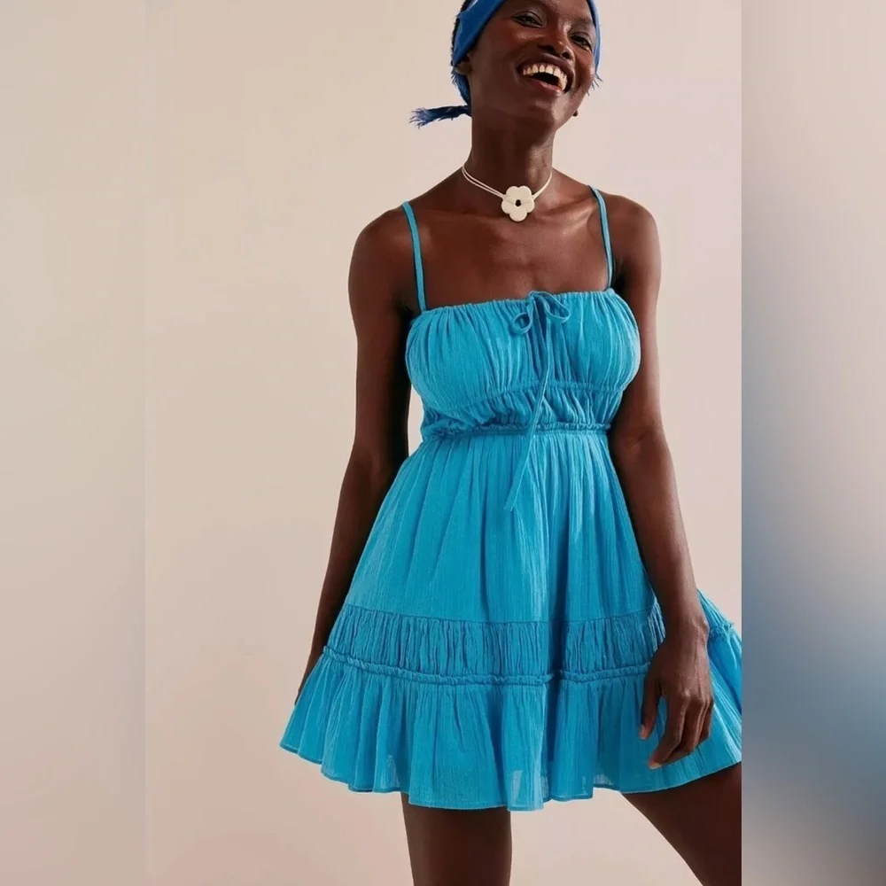 Free People Tropical Blue Ruffled Mini Dress Large